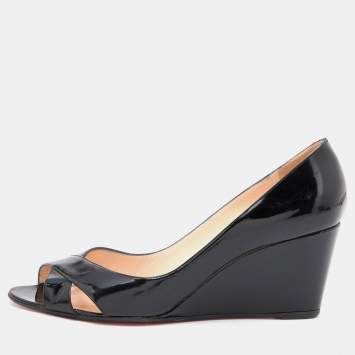 Pre Owned Christian Louboutin Black Patent Leather Riveto Wedges Pumps Size 41