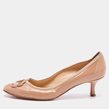 Pre Owned Christian Louboutin Beige Patent Leather Bow Kitten Heel Pumps Size 38.5