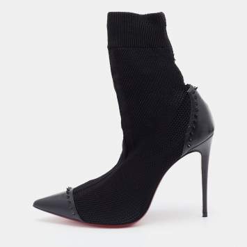 Pre Owned Christian Louboutin Black Knit Fabric and Leather Studded Dovi Dova Sock Boots Size 41