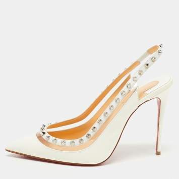 Pre Owned Christian Louboutin White Patent Leather and PVC Brigandine Slingback Pumps Size 38