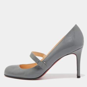 Pre Owned Christian Louboutin Grey Leather Charlene Mary Jane Pumps Size 37.5