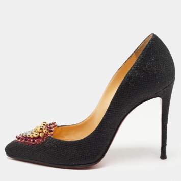 Pre Owned Christian Louboutin Black Lurex Fabric Studded Heart Coralta Mia Pumps Size 35.5