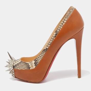 Pre Owned Christian Louboutin Brown Python and Leather Asteriod Spiked Pumps Size 37.5