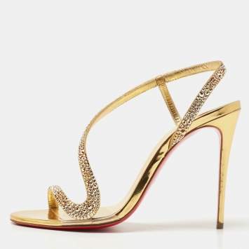 Pre Owned Christian Louboutin Gold Suede Crystal Embellished Rosalie Sandals Size 38