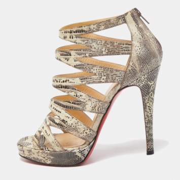 Pre Owned Christian Louboutin Grey/Yellow Lizard Leather 'Fernando' Cage Sandals Size 37