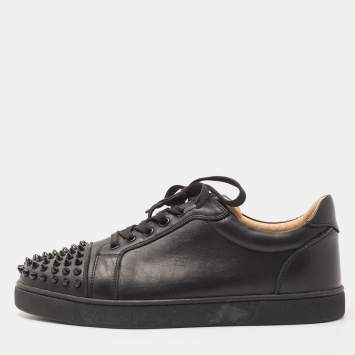 Pre Owned Christian Louboutin Black Leather Louis Junior Spikes Sneakers Size 40.5