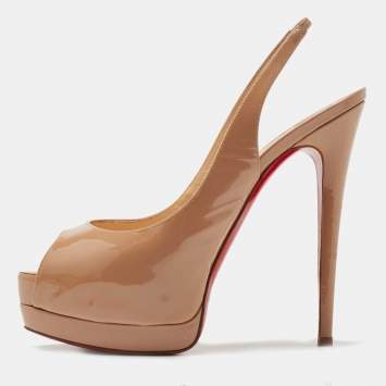 Pre Owned Christian Louboutin Beige Patent Lady Peep Sandals Size 39.5