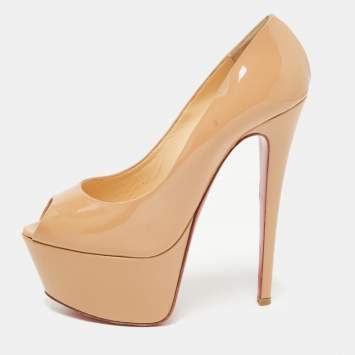 Pre Owned Christian Louboutin Beige Patent Leather Jamie Platform Pumps Size 38.5