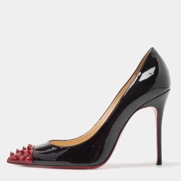 Pre Owned Christian Louboutin Black/Burgundy Patent Leather Geo Spiked Pumps Size 37.5