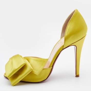 Pre Owned Christian Louboutin Yellow Satin Bow T Dorcet Peep Toe Pumps Size 37