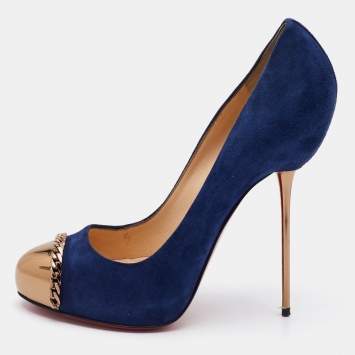 Pre Owned Christian Louboutin Oxford Blue Suede Metallip Chain Detail Metal Cap Toe Pumps Size 40