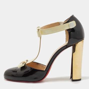 Pre Owned Christian Louboutin Black/Off White Patent Leather T Strap Pumps Size 40.5