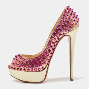 مملوكة مسبقًا Christian Louboutin Metallic Gold/Pink Leather Lady Peep Toe Spike Platform Pumps Size 36