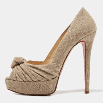 Pre Owned Christian Louboutin Beige Jute Fabric Jenny Platform Knot Peep Toe Pumps Size 38
