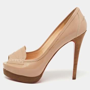Pre Owned Christian Louboutin Beige Patent Peniche Peep Top Pumps Size 39