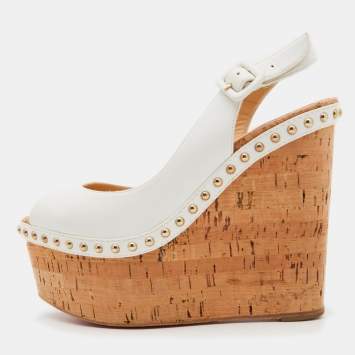 Pre Owned Christian Louboutin White Leather Monico Cork Wedge Pumps Size 36.5