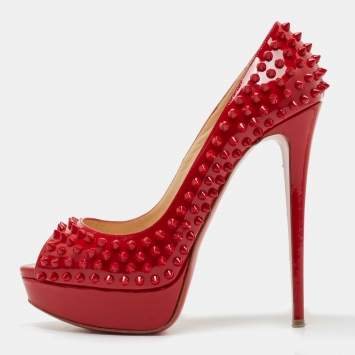 Pre Owned Christian Louboutin Red Patent Leather Lady Peep Spikes Pumps Size 41