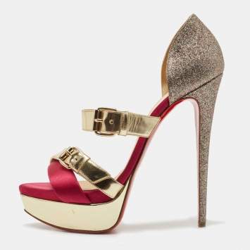 Pre Owned Christian Louboutin Gold/Pink Satin, Leather and Glitter Ambertina Platform Sandals Size 41