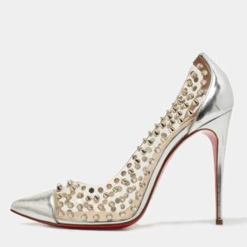 Pre Owned Christian Louboutin Silver Leather and PVC Spike Me Pumps Size 41