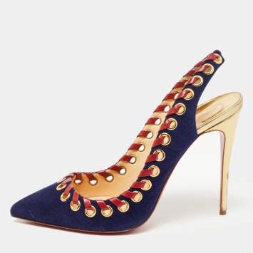 Pre Owned Christian Louboutin Navy Blue Suede Ostri Slingback Pumps Size 41