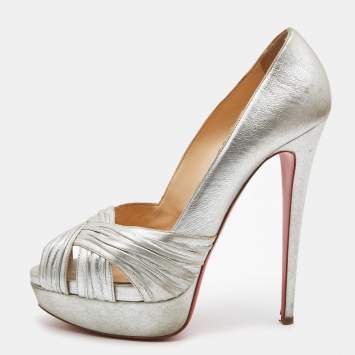 Pre Owned Christian Louboutin Silver Pleated Leather Criss Cross Peep Toe Platform Pumps Size 41