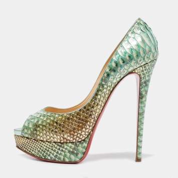 Pre Owned Christian Louboutin Metallic Green Python Lady Peep Pumps Size 40.5 