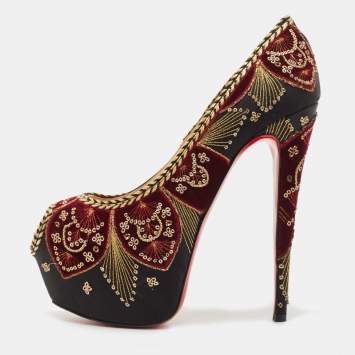 Pre Owned Christian Louboutin Black/Burgundy Embroidered Satin and Velvet Highness Somberro Pumps Size 41