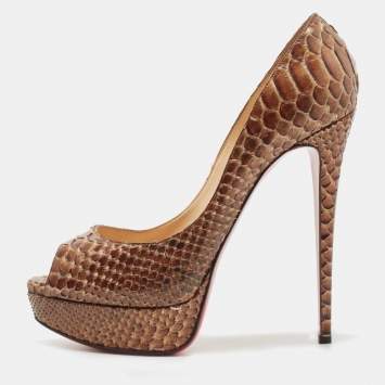 Pre Owned Christian Louboutin Brown Python Lady Peep Pumps Size 40.5