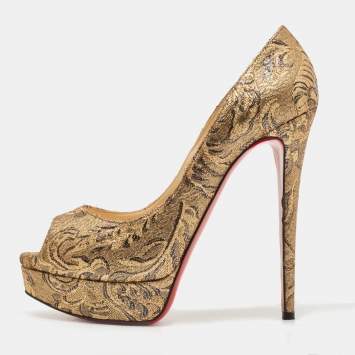 Pre Owned Christian Louboutin Gold Brocade Fabric Lady Peep Pumps Size 40.5
