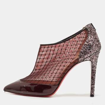 Pre Owned Christian Louboutin Burgundy/Silver Glitter and Mesh  Filette Boots Size 41