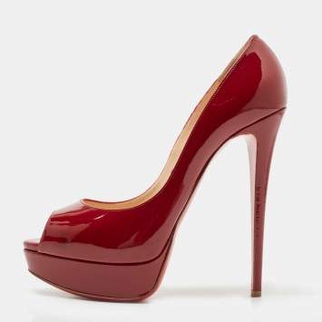 Pre Owned Christian Louboutin Burgundy Patent Leather Lady Peep Pumps Size 41