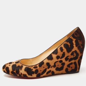 Pre Owned Christian Louboutin Brown Calf Hair Wedge Pumps Size 40.5