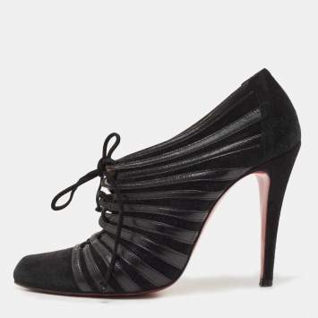 Pre Owned Christian Louboutin Black Leather and Suede Inverness Booties Size 38.5