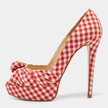 Pre Owned Christian Louboutin Red/White Gingham Fabric Greissimo Pumps Size 38.5