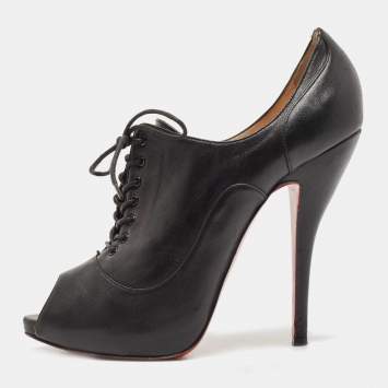 Pre Owned Christian Louboutin Black Leather Peep Toe Lace Up Booties Size 38.5