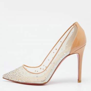 Pre Owned Christian Louboutin Beige Mesh and Patent Leather Follies Strass Pumps Size 39
