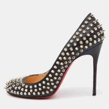 Pre Owned Christian Louboutin Black Leather Fifi Spike Round Toe Pumps Size 39