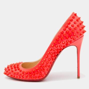 Pre Owned Christian Louboutin Neon Orange Patent Leather Fifi Spikes Pumps Size 39