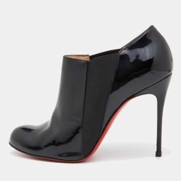 Pre Owned Christian Louboutin Black Patent Leather Ankle Length Boots Size 40