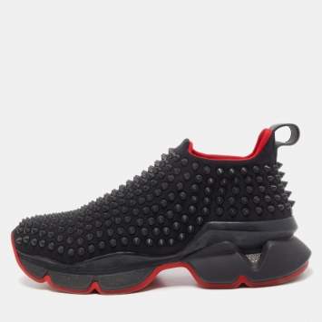 Pre Owned Christian Louboutin Black Fabric Spike Sock Sneakers Size 37