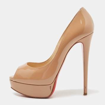 Pre Owned Christian Louboutin Beige Patent Leather Lady Peep Pumps Size 36