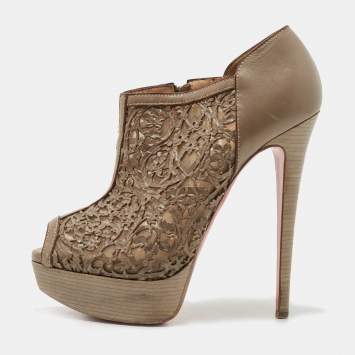 Pre Owned Christian Louboutin Brown Laser-Cut Leather Pampas 150 Peep Toe Ankle Boots Size 36.5