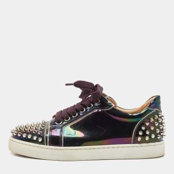 Pre Owned Christian Louboutin Holographic Patent veira Spike  Low Top Sneakers Size 36.5