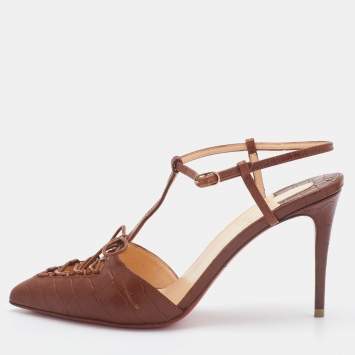 Pre Owned Christian Louboutin Brown Croc Embossed Leather Crococuty Ankle-Strap Pumps Size 36