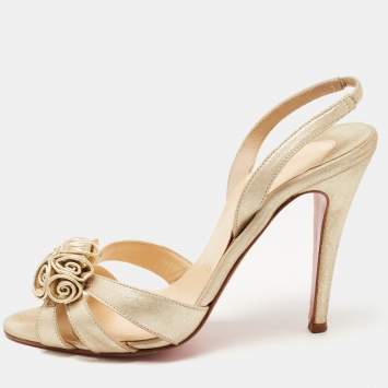 Pre Owned Christian Louboutin Metallic Laminated Suede Flower Detail Slingback Sandals Size 36