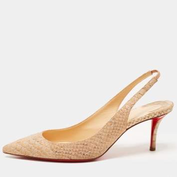 Pre Owned Christian Louboutin Beige Python Embossed Kate Slingback Pumps Size 37.5