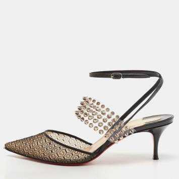 Pre Owned Christian Louboutin Black Lace, Leather and Spiked PVC Levita Rete Pumps Size 38.5