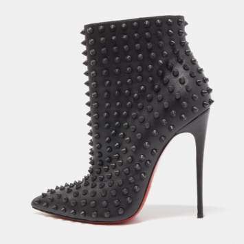 Pre Owned Christian Louboutin Black Leather Snakilta Spike Ankle Booties Size 38