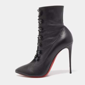Pre Owned Christian Louboutin Black Leather French Tutu Button Booties Size 38
