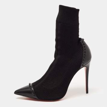 Pre Owned Christian Louboutin Black Knit Fabric and Leather Dovi Dova Sock Booties Size 38